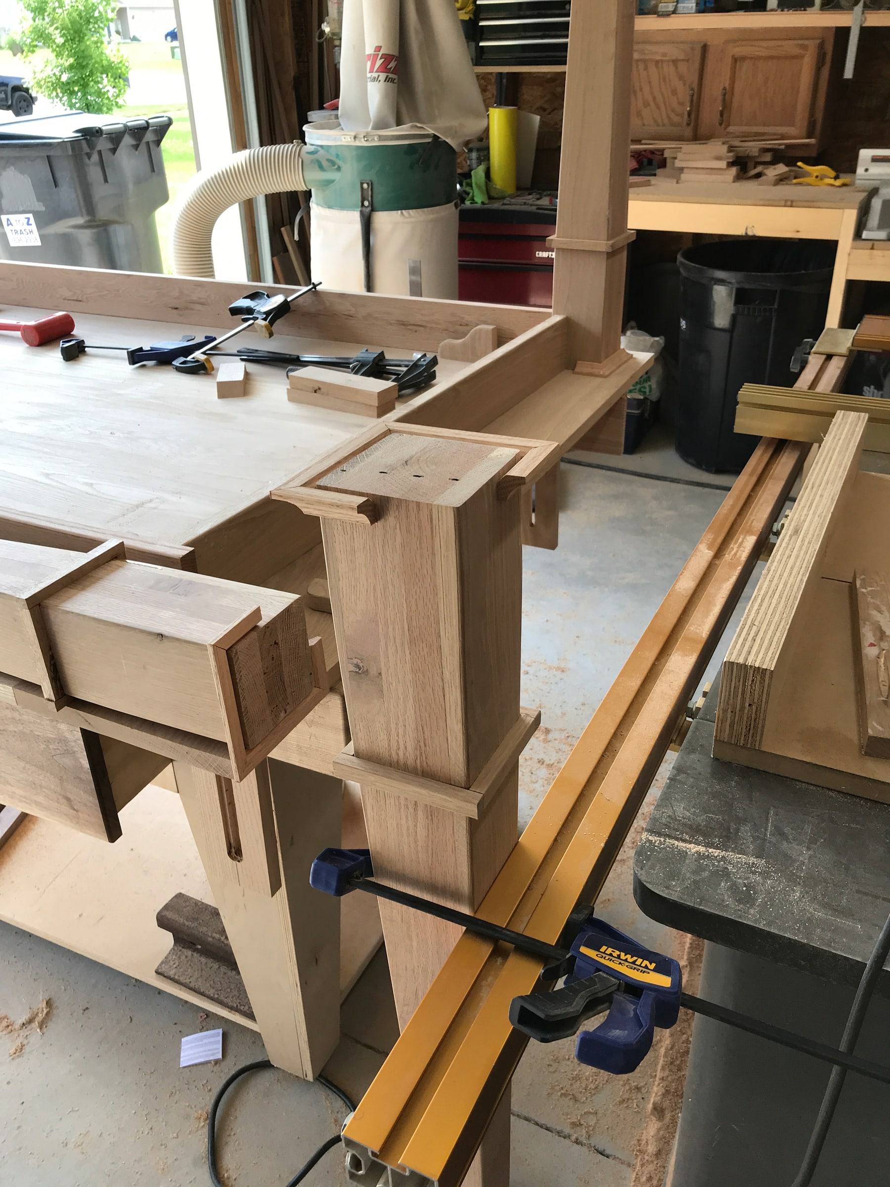 Hardwood joinery clamped up on the workbench in the Johannemann and Sons shop