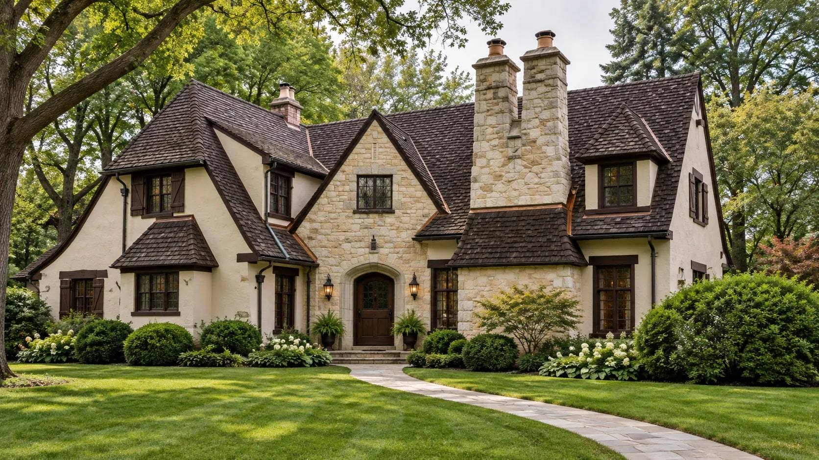 A stone and stucco Tudor Revival house with a wood shingle roof, twin stone chimneys and copper flashing, set behind a deep front lawn under mature trees — the kind of house Ridgewood and Bergen County are built of